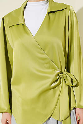 Yanı Bağlamalı Saten Bluz Fıstık Yeşili - Bluz