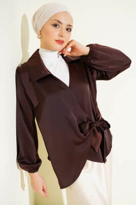 Yanı Bağlamalı Saten Bluz Kahve - MISRA