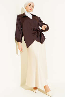 Yanı Bağlamalı Saten Bluz Kahve - Bluz