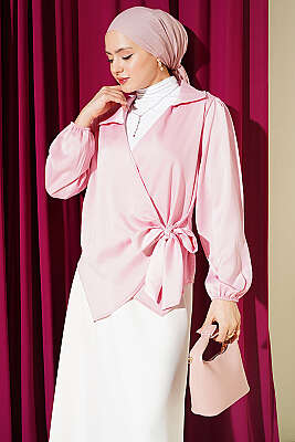 Yanı Bağlamalı Saten Bluz Pembe - Bluz