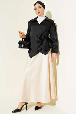 Yanı Bağlamalı Saten Bluz Siyah - Bluz