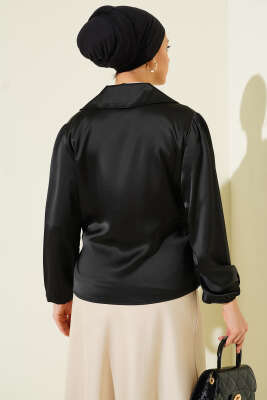 Yanı Bağlamalı Saten Bluz Siyah - Bluz