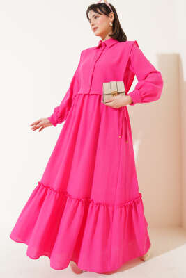 Yanı Bağlamalı Yelekli Bel Lastikli Elbise Fuşya 