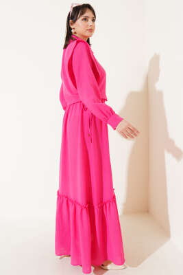 Yanı Bağlamalı Yelekli Bel Lastikli Elbise Fuşya - Tesettür Elbise