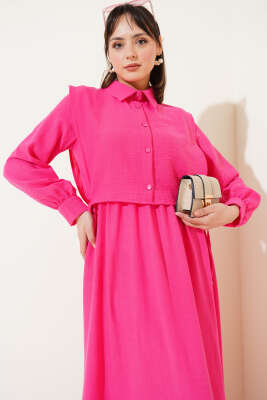 Yanı Bağlamalı Yelekli Bel Lastikli Elbise Fuşya - Tesettür Elbise