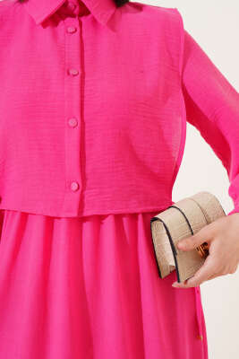 Yanı Bağlamalı Yelekli Bel Lastikli Elbise Fuşya - Tesettür Elbise