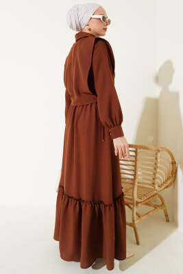 Yanı Bağlamalı Yelekli Bel Lastikli Elbise Kahve - Tesettür Elbise
