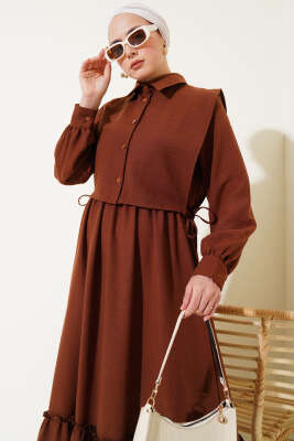 Yanı Bağlamalı Yelekli Bel Lastikli Elbise Kahve - Tesettür Elbise