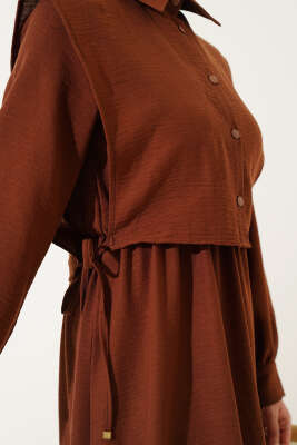 Yanı Bağlamalı Yelekli Bel Lastikli Elbise Kahve - Tesettür Elbise