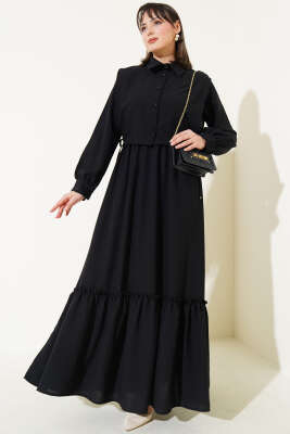 Yanı Bağlamalı Yelekli Bel Lastikli Elbise Siyah - Tesettür Elbise