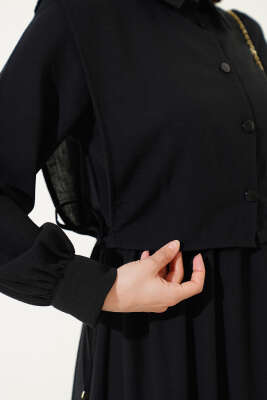 Yanı Bağlamalı Yelekli Bel Lastikli Elbise Siyah - Tesettür Elbise