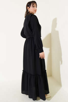 Yanı Bağlamalı Yelekli Bel Lastikli Elbise Siyah - Tesettür Elbise