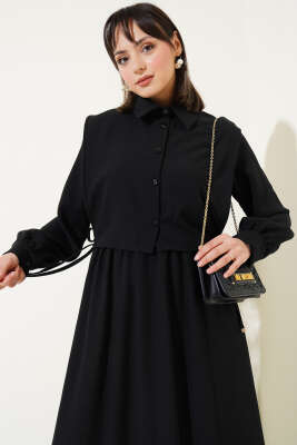 Yanı Bağlamalı Yelekli Bel Lastikli Elbise Siyah - Tesettür Elbise