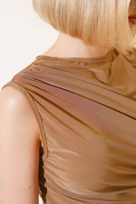 Yanı Büzgülü Kolsuz Mini Elbise Taba - Kadın Giyim Modelleri