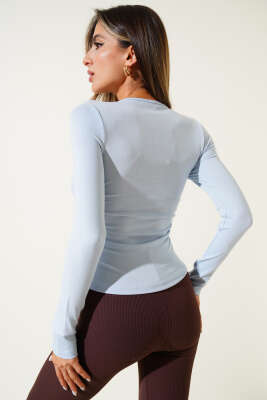 Yanı Büzgülü Uzun Kol Body Mavi - Yılın Fırsatı