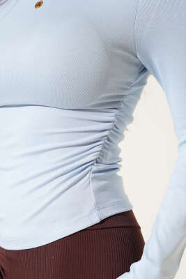 Yanı Büzgülü Uzun Kol Body Mavi - Yılın Fırsatı