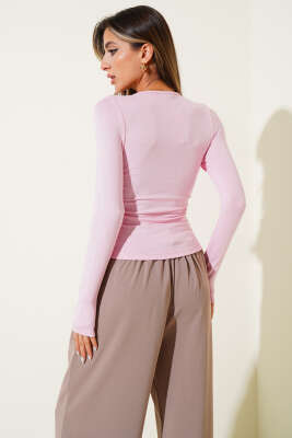 Yanı Büzgülü Uzun Kol Body Pembe - Yılın Fırsatı