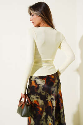 Yanı Büzgülü Uzun Kol Body Sarı - Yılın Fırsatı