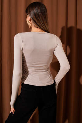 Yanı Büzgülü Uzun Kol Body Vizon - Kadın Giyim Modelleri