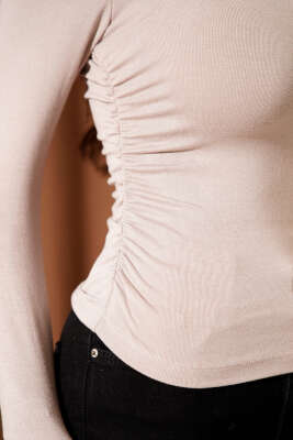 Yanı Büzgülü Uzun Kol Body Vizon - Kadın Giyim Modelleri