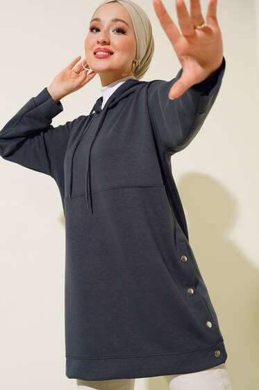 Yanı Çıtçıtlı Kapüşonlu Tunik Füme - Tunik