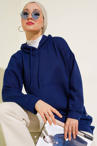 Yanı Çıtçıtlı Kapüşonlu Tunik Lacivert - Tunik