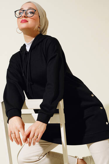 Yanı Çıtçıtlı Kapüşonlu Tunik Siyah - Tunik