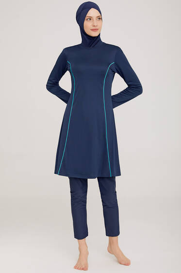 Yanı Çizgi Detaylı Tesettür Mayo Açık Lacivert - Tesettür Mayo