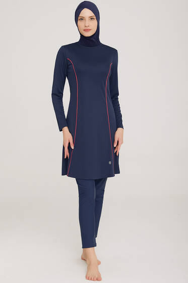 Yanı Çizgi Detaylı Tesettür Mayo Koyu Lacivert - Tesettür Mayo