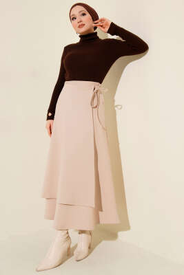 Yanı İp Bağcıklı Scuba Etek Bej - Etek