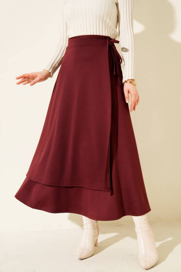Yanı İp Bağcıklı Scuba Etek Bordo - Etek