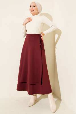 Yanı İp Bağcıklı Scuba Etek Bordo - Etek