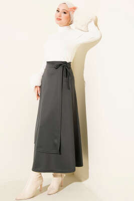 Yanı İp Bağcıklı Scuba Etek Füme - Etek