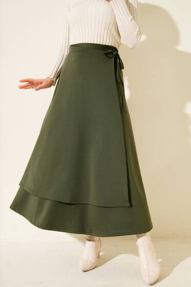 Yanı İp Bağcıklı Scuba Etek Haki - Etek