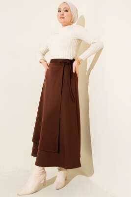 Yanı İp Bağcıklı Scuba Etek Kahve - Etek