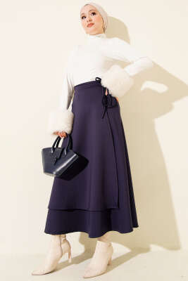 Yanı İp Bağcıklı Scuba Etek Lacivert - Etek