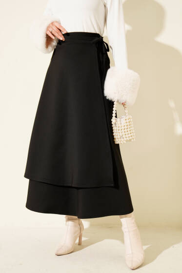 Yanı İp Bağcıklı Scuba Etek Siyah - Etek