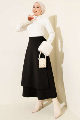 Yanı İp Bağcıklı Scuba Etek Siyah - Etek