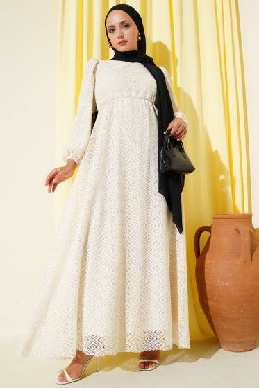 Yanı İp Bağlamalı Dantelli Elbise Bej - Elbise