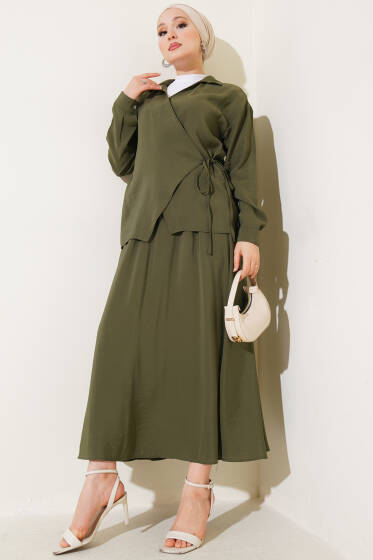 Yanı İp Bağlamalı Etekli İkili Takım Haki - İkili Takım