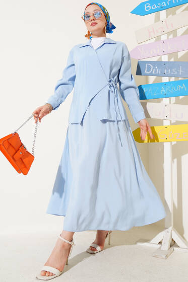 Yanı İp Bağlamalı Etekli İkili Takım Mavi - İkili Takım