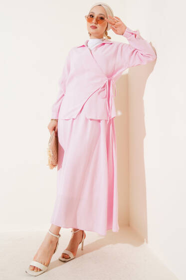 Yanı İp Bağlamalı Etekli İkili Takım Pembe - İkili Takım