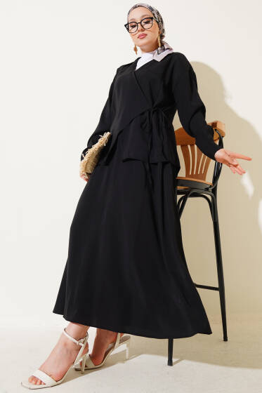 Yanı İp Bağlamalı Etekli İkili Takım Siyah - İkili Takım