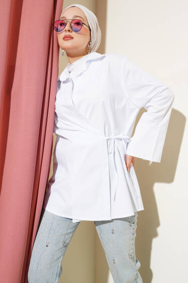 Yanı İp Bağlamalı Kimono Beyaz - Dış Giyim&Mont