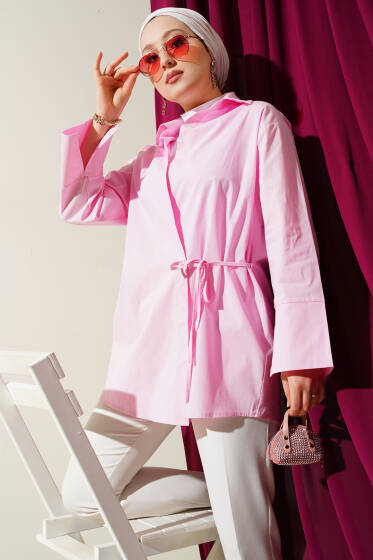 Yanı İp Bağlamalı Kimono Pembe - Dış Giyim&Mont