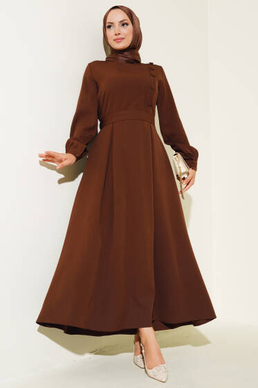 Yanı Kaplama Düğmeli Elbise Kahve - Elbise