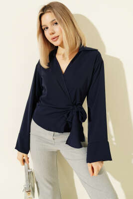Yanı Kuşak Bağlamalı Kısa Gömlek Lacivert - Kadın Giyim Modelleri