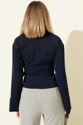 Yanı Kuşak Bağlamalı Kısa Gömlek Lacivert - Yılın Fırsatı