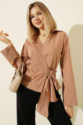 Yanı Kuşak Bağlamalı Kısa Gömlek Latte - Yılın Fırsatı