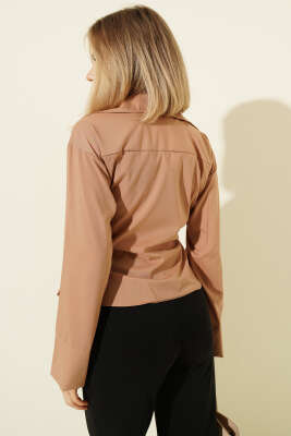 Yanı Kuşak Bağlamalı Kısa Gömlek Latte - Yılın Fırsatı